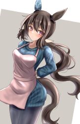  1girl admire_vega_(casual)_(umamusume) admire_vega_(umamusume) animal_ears apron blue_pantyhose blue_sweater blush breasts brown_hair cable_knit casual commentary_request ear_covers hair_between_eyes highres horse_ears horse_girl horse_tail long_hair long_sleeves looking_at_viewer low_ponytail medium_breasts open_mouth pantyhose pink_apron ponytail single_ear_cover solo sweater tail tofu_thunder tying_hair umamusume violet_eyes 