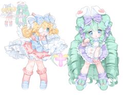  2girls absurdres animal_ears animal_slippers apron aqua_slippers bell blonde_hair blue_apron blue_bow blue_eyes blue_shoes borrowed_character bow bunny_slippers commentary commission cutesu_(character) double_bun dress drill_hair eyepatch frilled_apron frilled_bow frilled_socks frills full_body green_hair green_slippers hair_bell hair_bow hair_bun hair_ornament highres jingle_bell kichiko_(ryu10855) layered_sleeves long_hair long_sleeves looking_at_viewer medical_eyepatch miruku_(cutesu) multiple_girls multiple_views original pink_dress pink_socks puffy_short_sleeves puffy_sleeves purple_bow purple_skirt purple_socks quin_tails rabbit_brooch rabbit_ears ribbed_socks ribbon-trimmed_dress ribbon_trim shoes short_over_long_sleeves short_sleeves simple_background skirt sleeves_past_fingers sleeves_past_wrists slippers smile socks standing very_long_hair white_apron white_background white_wings winged_slippers wings yume_kawaii 