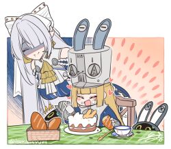  2girls 2others bangboo_(zenless_zone_zero) blonde_hair blue_dress bread breasts cake closed_eyes cup dress food grey_hair hat highres isuka large_breasts long_hair multiple_girls multiple_others norma_hollowell table teacup velina_airgid zenless_zone_zero 