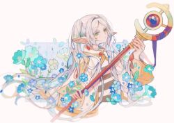  1girl blue_flower blue_petals closed_mouth commentary earrings elf essielop flower frieren green_eyes highres holding holding_staff jewelry long_hair mage_staff petals pointy_ears simple_background solo sousou_no_frieren staff teardrop_earrings twintails upper_body white_hair 