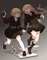  1boy 1girl black_coat blonde_hair blue_eyes boots brother_and_sister closed_eyes coat commentary_request explosive full_body grenade gun handgun highres holding holding_grenade holding_gun holding_hands holding_weapon long_hair looking_at_another open_mouth satomura_kyou short_hair siblings smile the_outfoxies twins weapon 