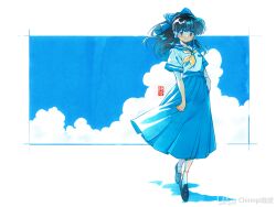  1girl alternate_color alternate_costume artist_name bilibili_logo black_shoes blue_bow blue_eyes blue_neckerchief blue_skirt blue_sky blush bow brown_hair chinese_commentary chinnpi closed_mouth clouds commentary_request contemporary day full_body hair_bow hair_tubes hakurei_reimu loafers long_hair looking_at_viewer neckerchief school_uniform shoes skirt sky smile socks solo touhou watermark white_socks yellow_neckerchief 