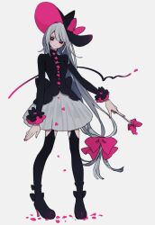  1girl back_bow black_bow black_eyes black_hat black_shoes blush_stickers bow breasts closed_mouth colored_eyelashes commentary footwear_bow grey_hair grey_skirt hair_bow hat hat_bow high_heels highres long_hair long_sleeves low-tied_long_hair maco22 multicolored_shoes nail_polish original parted_bangs pigeon-toed pink_bow pink_nails pink_pupils shoes skirt smile solo standing symbol-shaped_pupils two-tone_hat two-tone_shoes untranslatable_commentary 