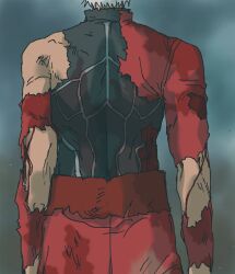  1boy archer_(fate) battle_damage blood blood_on_clothes blood_on_hand coat commentary_request dark-skinned_male dark_skin fate/stay_night fate_(series) heaven's_feel highres male_focus red_coat saiotoo solo torn_clothes white_hair 