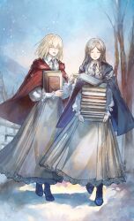  2girls absurdres alternate_costume artist_request bang_dream! bang_dream!_it's_mygo!!!!! bare_tree black_boots blonde_hair blue_capelet book book_stack boots brown_hair capelet chinese_commentary closed_eyes commentary_request commission day facing_viewer full_body highres holding holding_book long_hair long_skirt long_sleeves misumi_uika multiple_girls nagasaki_soyo open_mouth outdoors red_capelet second-party_source shirt short_hair sidelocks skirt smile snowing standing tree walking white_shirt white_skirt winter 