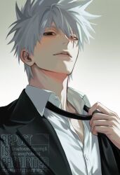  1boy adjusting_clothes adjusting_necktie black_eyes black_jacket black_necktie collared_shirt commentary_request gradient_background grey_hair hair_between_eyes hatake_kakashi heterochromia highres jacket looking_at_viewer luv_chan55 male_focus mole mole_under_mouth naruto_(series) necktie parted_lips red_eyes scar scar_across_eye scar_on_face shirt short_hair solo spiky_hair suit_jacket upper_body white_shirt 
