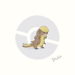  arms_behind_back artist_name closed_eyes commentary_request dsuke_f full_body gumshoos no_humans poke_ball_symbol pokemon pokemon_(creature) pokemon_focus sharp_teeth signature simple_background solo teeth white_background 