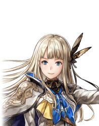  1girl another_eden another_eden_art_team aqua_eyes blonde_hair blue_neckerchief breasts butterfly_hair_ornament cloak closed_mouth coat collared_dress dress hair_ornament isuka_(another_eden) lips long_hair long_sleeves looking_at_viewer lowres medium_breasts neckerchief official_art open_clothes open_coat simple_background smile solo tachi-e third-party_source transparent_background upper_body variant_set white_cloak white_coat white_dress 
