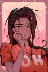  1girl alien_stage brown_hair clothes_writing commentary dark-skinned_female dark_skin english_commentary grey_eyes grid_background hand_on_own_face highres hyuna_(alien_stage) orange_background orange_shirt ponytail shirt solo yukaree06 