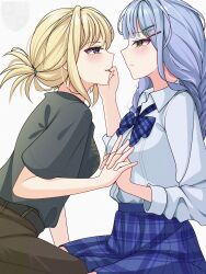 2girls bang_dream! bang_dream!_it's_mygo!!!!! belt black_belt black_shirt blonde_hair blue_bow blue_bowtie blue_hair blue_skirt blush bow bowtie braid brown_pants closed_mouth commentary fang fffteam hair_ornament hairclip hand_on_another's_face highres long_hair misumi_uika multiple_girls pants plaid_bow plaid_bowtie plaid_clothes plaid_skirt pleated_skirt school_uniform shirt simple_background skin_fang skirt three-quarter_sleeves togawa_sakiko twin_braids unmoving_pattern violet_eyes white_background white_shirt yellow_eyes yuri 
