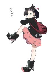  1girl aqua_eyes asymmetrical_bangs backpack bag black_boots black_hair black_jacket boots closed_mouth commentary_request dress eyelashes full_body hair_ribbon high_heel_boots high_heels highres jacket kajika_(kazika_mtk16) long_sleeves marnie_(pokemon) medium_hair pink_dress pokemon pokemon_sword_and_shield red_bag red_ribbon ribbon simple_background solo standing standing_on_one_leg translation_request twintails undercut white_background 