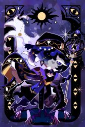  1boy black_sapphire_cookie black_sapphire_cookie_(the_black_blight) colored_eyelashes colored_skin cookie_run cookie_run:_kingdom grey_skin hair_over_one_eye highres hood hood_up long_hair official_alternate_costume official_alternate_hairstyle sokoebi solo staff violet_eyes white_eyelashes 