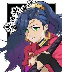  1girl black_background blue_hair border breasts cloak closed_mouth commentary_request crescent crescent_earrings dark-skinned_female dark_skin earrings fire_emblem fire_emblem:_fortune's_weave gold_choker gold_earrings high_ponytail highres holding holding_instrument hood hooded_cloak instrument jewelry leda_(fire_emblem) looking_at_viewer medium_breasts ponytail roku_ro solo white_border 