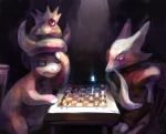  board_game chair chess chess_piece chessboard crown dark facial_hair floating gem glowing hand_on_head hand_on_table highres horns indoors light mustache no_humans nostrils pink_skin playing_games pokemon pokemon_(creature) purplekecleon serious signature sitting slowking table telekinesis 