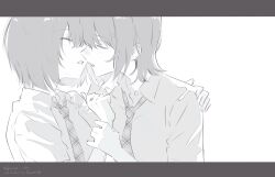  2girls absurdres amakura_mayu amakura_mio arm_around_shoulder blush bob_cut closed_eyes collared_shirt commentary_request dated face-to-face facing_another fatal_frame fatal_frame_ii:_crimson_butterfly flwct greyscale hand_on_another's_shoulder hand_up hands_up highres holding_another's_wrist imminent_kiss incest letterboxed monochrome multiple_girls necktie official_alternate_costume parted_lips plaid_clothes plaid_necktie school_uniform shirt short_hair short_sleeves siblings simple_background sisters translation_request twincest twins twitter_username upper_body white_background yuri 