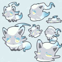  :< alternate_color animal_focus blue_background blue_fur bright_pupils chibi chibi_inset closed_mouth commentary_request commission fox full_body grey_fur hisuian_zorua joo_gumoon korean_commentary looking_at_viewer lowres multiple_views no_humans pokemon pokemon_(creature) pokemon_focus shiny_pokemon simple_background solo standing upper_body white_pupils yellow_eyes 