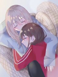  2girls blush brown_hair closed_eyes commentary couch girls_band_cry grey_hair grey_hoodie highres hood hoodie iseri_nina jacket kawaragi_momoka long_hair multiple_girls on_couch red_jacket short_twintails sleeping twintails twitter_username whwhgl yuri 