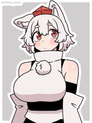 1girl animal_ears bare_shoulders blush breasts closed_mouth commentary_request detached_sleeves double-parted_bangs grey_hair hat highres inubashiri_momiji large_breasts outline pom_pom_(clothes) red_eyes red_hat samme_hacci shirt short_hair simple_background sleeveless sleeveless_shirt solo thick_eyebrows tokin_hat touhou turtleneck turtleneck_shirt twitter_username upper_body white_outline white_shirt white_sleeves wolf_ears 