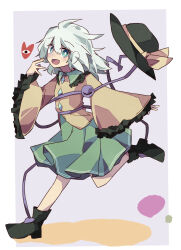  1girl :d black_boots black_hat blush boots border bow bright_pupils buttons collared_shirt colored_shadow commentary contrast_collar cowlick diamond_button disembodied_linked_eye double-parted_bangs floating_hat foot_up_heel_up frilled_shirt_collar frilled_sleeves frills from_side full_body green_eyes green_hair green_skirt grey_background hair_between_eyes hand_to_own_mouth hand_up hat hat_bow heart heart_of_string highres komeiji_koishi looking_at_viewer medium_hair medium_skirt minoru_minoru open_mouth outside_border outstretched_arm outstretched_hand paint_splatter pleated_skirt running shadow shirt sideways_glance simple_background skirt sleeves_past_wrists smile solo striped_clothes striped_collar striped_skirt touhou white_border white_pupils wide_sleeves yellow_bow yellow_shirt 