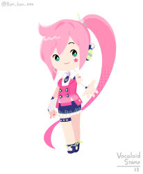  1girl belt black_necktie black_shoes black_skirt bon_bon_eee chibi chibi_only commentary copyright_name detached_sleeves english_commentary facial_mark frilled_skirt frills full_body green_eyes headset highres jacket long_hair looking_at_viewer necktie pink_hair pink_jacket ponytail reaching reaching_towards_viewer shoes short_necktie shoulder_tattoo simple_background skirt sleeveless sleeveless_jacket smile solo star_(symbol) star_facial_mark tattoo thigh_belt thigh_strap twitter_username uni_(vocaloid) vocaloid white_background 