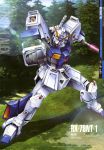  energy_sword forest gatling_gun ground gun gundam gundam_0080 gundam_alex highres mecha nature no_humans official_art scan sky sword weapon 