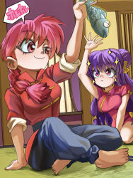  2girls animal blue_pants bow braid braided_ponytail chinese_clothes commentary_request dress fish hair_bow highres holding holding_animal holding_fish long_hair miyakonomouse multiple_girls pants purple_hair ranma_1/2 red_dress red_eyes red_hair red_shirt saotome_ranma saotome_ranma_(female) shampoo_(ranma_1/2) shirt sidelocks smile sparkle yellow_bow 