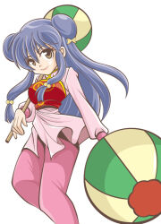  1girl amelie bow chinese_clothes chui_(weapon) commentary_request double_bun hair_bow hair_bun holding holding_weapon long_hair pants pink_pants purple_hair ranma_1/2 shampoo_(ranma_1/2) sidelocks smile weapon yellow_bow 