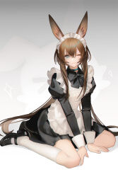  1girl alternate_costume amiya_(arknights) animal_ears apron arknights black_dress black_shoes blue_bow blue_bowtie blue_eyes bow bowtie brown_hair chinese_commentary closed_mouth commentary_request dress enmaided frilled_apron frills full_body grey_background hair_between_eyes highres juliet_sleeves long_hair long_sleeves looking_at_viewer maid maid_apron maid_headdress one_eye_closed puffy_sleeves rabbit_ears rabbit_girl shoes sitting socks solo wariza white_apron white_socks yinse_banji 