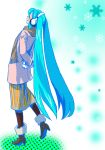  aqua_hair arms_behind_back closed_eyes coat eyes_closed hatsune_miku headphones high_heels long_hair pantyhose scarf shoes skirt snowflakes solo tomabo twintails very_long_hair vocaloid 