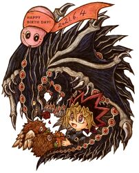  1boy black_eyes blue_shirt commentary_request dated duel_monster flower gandora_the_dragon_of_destruction happy kuriboh male_focus marshmallon mokyu-mokyu muto_yugi open_mouth red_flower red_rose rose sharp_teeth shirt spiky_hair teeth violet_eyes white_background winged_kuriboh yu-gi-oh! yu-gi-oh!_duel_monsters 