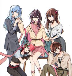  azki_(hololive) belt black_belt black_pants blue_eyes blue_hair breasts brown_hair brown_pants chair closed_mouth colored_inner_hair commentary cosplay eleanor_si eleanor_si_(cosplay) english_commentary flower frilled_shirt_collar frills glasses green_eyes hair_between_eyes hair_flower hair_ornament hand_up hands_up headphones headphones_around_neck highres holding_another's_wrist hololive hoshimachi_suisei iris_wen iris_wen_(cosplay) jewelry kiel_adair lapels long_hair long_sleeves looking_at_viewer love_curse:_find_your_soulmate midriff multicolored_hair necklace nyx_xia nyx_xia_(cosplay) on_chair pants pink_eyes pink_hair roboco-san sakura_miko selene_yan selene_yan_(cosplay) shawl_lapels short_hair sitting smile star_(symbol) star_hair_ornament streaked_hair three-quarter_sleeves tokino_sora turtleneck victoria_qi victoria_qi_(cosplay) violet_eyes white_background yellow_eyes 