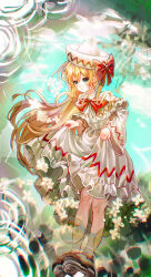  1girl absurdres black_shoes blonde_hair bow bowtie capelet dress fairy fairy_wings green_eyes hat hat_bow highres holding_own_dress lily_white long_hair long_sleeves making-of_available mary_janes procreate_(medium) red_bow red_bowtie reflection reflective_liquid ripples shoes smile socks solo tan_xiao_ye touhou very_long_hair white_capelet white_dress white_hat white_socks wide_sleeves wings 