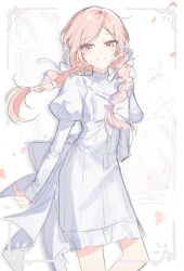  1other absurdres akiyama_mizuki arm_at_side arm_behind_back back_bow bow braid chest_bow commentary cowboy_shot dress falling_petals floating_hair grin hair_ribbon highres light_blush long_hair long_sleeves looking_at_viewer multiple_hair_ribbons official_alternate_costume official_alternate_hairstyle onigiri_0000 other_focus petals pink_eyes pink_hair pink_petals project_sekai puffy_long_sleeves puffy_sleeves ribbon saihate_e_to_tobu_kimi_e_(project_sekai) sketch smile solo twin_braids white_bow white_dress white_ribbon wind 
