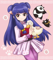  1girl bell chinese_clothes double_bun hair_bell hair_bun hair_ornament kirara_(hitominak3) long_hair mousse_(duck)_(ranma_1/2) p-chan_(ranma_1/2) panda pants pig pink_background pink_pants purple_hair ranma_1/2 red_eyes saotome_genma_(panda) shampoo_(ranma_1/2) sidelocks smile stuffed_animal stuffed_toy two-tone_fur 