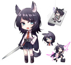  1girl animal_ears arknights bang_dream! bang_dream!_it's_mygo!!!!! bass_guitar black_hair black_jacket black_socks blue_eyes brown_shoes chibi chibi_only chinese_commentary commentary_request full_body highres holding holding_bass_guitar holding_instrument holding_sword holding_weapon instrument jacket jacket_on_shoulders kemonomimi_mode loafers looking_at_viewer lying medium_hair migangsanchong multiple_views necktie on_back open_mouth playing_instrument prison_clothes red_necktie shirt shoes simple_background socks standing sword tail weapon white_background white_shirt wolf_ears wolf_girl wolf_tail yahata_umiri yahata_umiri_(lupo) 