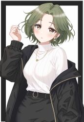  1girl belt black_belt black_jacket blush brown_eyes character_request commentary_request copyright_request earrings eyelashes glint green_hair hair_intakes highres jacket jewelry long_sleeves n_kawaiiiiiiiii necklace open_clothes open_jacket open_mouth short_hair simple_background single_off_shoulder solo sweater upper_body white_background white_sweater 