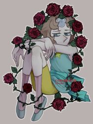  1girl absurdres aqua_eyes aqua_shirt aqua_shoes blonde_hair colored_skin fake_doe flower forehead_jewel gem highres knees_up looking_down pearl_(gemstone) pearl_(steven_universe) plant red_flower red_rose rose shirt shoes short_hair shorts sitting solo star_(symbol) star_print steven_universe thorns vines white_skin yellow_shorts 