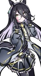  1girl adjusting_eyewear ahoge animal_ears black_coat black_gloves black_hair black_pantyhose black_shirt blush coat collared_shirt commentary_request ear_tag earrings glasses gloves hair_between_eyes highres horse_ears horse_girl horse_tail jewelry kikkasoon long_bangs long_hair long_hair_between_eyes long_sleeves looking_at_viewer manhattan_cafe_(creeping_shadow)_(umamusume) manhattan_cafe_(umamusume) multicolored_hair necktie pantyhose round_eyewear shirt simple_background single_earring skirt solo tail umamusume white_background white_hair yellow_eyes yellow_necktie 