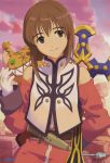  absurdres anise_tatlin anise_tatlin_(cosplay) annindoufu_(oicon) brown_eyes brown_hair company_connection cosplay detached_sleeves gloves hagiwara_yukiho highres idolmaster official_art scan short_hair smile solo tales_of_(series) tales_of_the_abyss tokunaga 