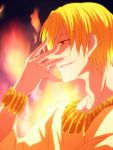  blonde_hair bracelet fate/zero fate_(series) fire gilgamesh hand_on_own_face jewelry male necklace profile red_eyes ronpa96pepe solo 