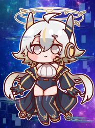  1girl ahoge bare_shoulders blonde_hair blue_thighhighs cardigan_partially_removed chibi commentary_request cropped_sweater glitch gold_trim gradient_hair grey_eyes grey_hair halo halo_behind_head highres leotard low_twintails multicolored_hair multiple_halos pero_(umauma_unyaunya) renewa_(trickcal) robot_ears sleeveless sleeveless_sweater sweater thigh-highs trickcal twintails white_sweater 