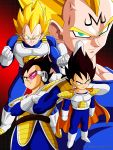  absurdres aqua_eyes armor artist_name black_hair blonde_hair boots cape clenched_hand clenched_teeth dragon_ball dragon_ball_z dragonball_z gloves grin highres majin_vegeta monkey_tail multiple_persona scouter smile solidsayan spiked_hair spiky_hair super_saiyan tail teeth vegeta young 