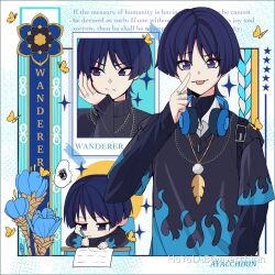  1boy absurdres ayacchirin black_sweater blue_hair blunt_ends chibi closed_mouth feathers genshin_impact headphones headphones_around_neck highres jewelry long_sleeves male_focus multicolored_sweater multiple_views necklace scaramouche_(genshin_impact) short_hair smile sweater tongue tongue_out violet_eyes wanderer_(genshin_impact) 