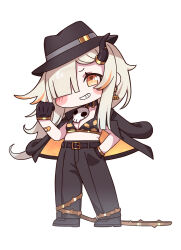  1girl belt black_belt black_bra black_gloves black_hat black_jacket black_pants bra chibi commentary_request fedora gloves hand_in_pocket hat highres horns jacket long_hair looking_at_viewer mask one_eye_covered pants simple_background single_horn skull_mask snorky_(trickcal) solo speaki_(trickcal) thorns trickcal underwear yamada_sakura 