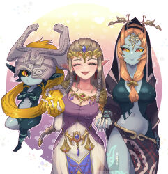  3girls black_skin blonde_hair breasts brown_hair chichi_band closed_eyes colored_sclera colored_skin commentary_request elbow_gloves gloves grey_skin helmet helmet_over_one_eye imp long_hair medium_breasts midna midna_(imp) midna_(true) multicolored_skin multiple_girls navel one_eye_covered orange_hair pointy_ears princess_zelda the_legend_of_zelda the_legend_of_zelda:_twilight_princess two-tone_skin very_long_hair white_gloves yellow_sclera 