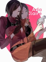  2girls absurdres ada_wong adjusting_clothes adjusting_gloves black_boots black_gloves black_hair black_pantyhose black_shirt blue_eyes boots breasts character_name chest_harness claire_redfield commentary dress feet_out_of_frame floating gloves gun handgun haobuguniao harness highres holding holding_gun holding_weapon invisible_chair jacket jewelry medium_breasts multiple_girls necklace pantyhose red_dress red_eyes red_jacket resident_evil resident_evil_2 resident_evil_2_(remake) resident_evil_4 resident_evil_4_(remake) ribbed_dress shirt short_dress sitting thigh_boots turtleneck turtleneck_dress weapon white_background 