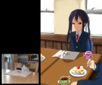 black_hair cake cat derivative_work food k-on! nakano_azusa parody reference_photo strawberry_shortcake twintails v_arms watanore 