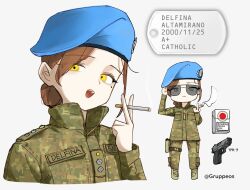  1girl :> :d beret bersa_tpr9 blue_hat brown_hair camouflage camouflage_jacket camouflage_pants chibi cigarette cigarette_pack commentary_request delfina_altamirano_(gruppe) digital_camouflage full_body gruppe gun hair_bun handgun hat highres holding holding_cigarette holster jacket military military_jacket military_uniform mole mole_under_eye multiple_views open_mouth original pants portrait shoes short_hair single_hair_bun smile smoke standing sunglasses thigh_holster twitter_username weapon woodland_camouflage yellow_eyes 