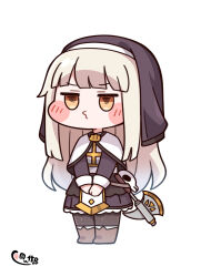  1girl axe black_pantyhose black_skirt blonde_hair boots capelet chibi clerical_collar commentary_request cosplay gold_trim highres long_hair mask ner_(trickcal) ner_(trickcal)_(cosplay) nun nun_headdress orange_eyes pantyhose pout skirt skull_mask solo speaki_(trickcal) trickcal white_capelet yamada_sakura 