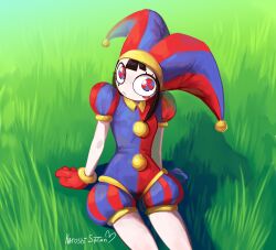  1girl absurdres asymmetrical_gloves commentary english_commentary gloves grass hat hat_bell highres jester jester_cap jester_costume karoshisatan666 multicolored_eyes multicolored_hat pomni_(the_amazing_digital_circus) sitting sketch solo solo_focus the_amazing_digital_circus two-tone_eyes 